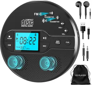 Portable CD Player with Bluetooth, Personal CD Player for Car with FM Transmitter, Rechargeable CD Player Portable with Anti-Skip Protection, Headphones, AUX/USB Supported, LCD Display(Black)