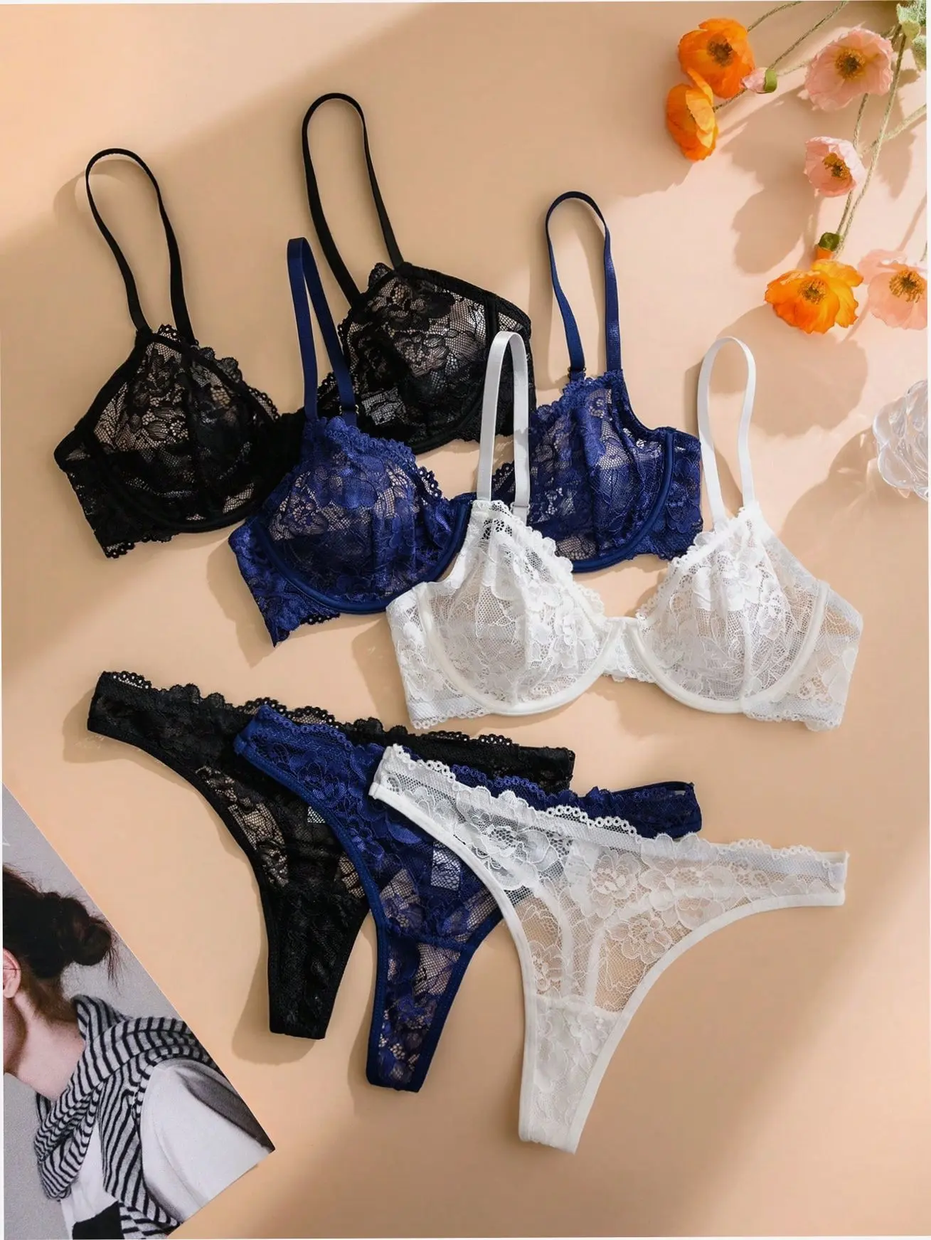 3 Piece Lace Bra Set Wireless Thin Cup Comfortable Everyday Lounge
