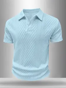 Men's Textured Diamond Pattern Polo Shirt, Turn-Down Collar Short Sleeve Top, Casual Business & Daily Wear, Breathable Woven Fabric, Slim Fit Button Placket Golf Shirt for Men, Fashion Streetwear