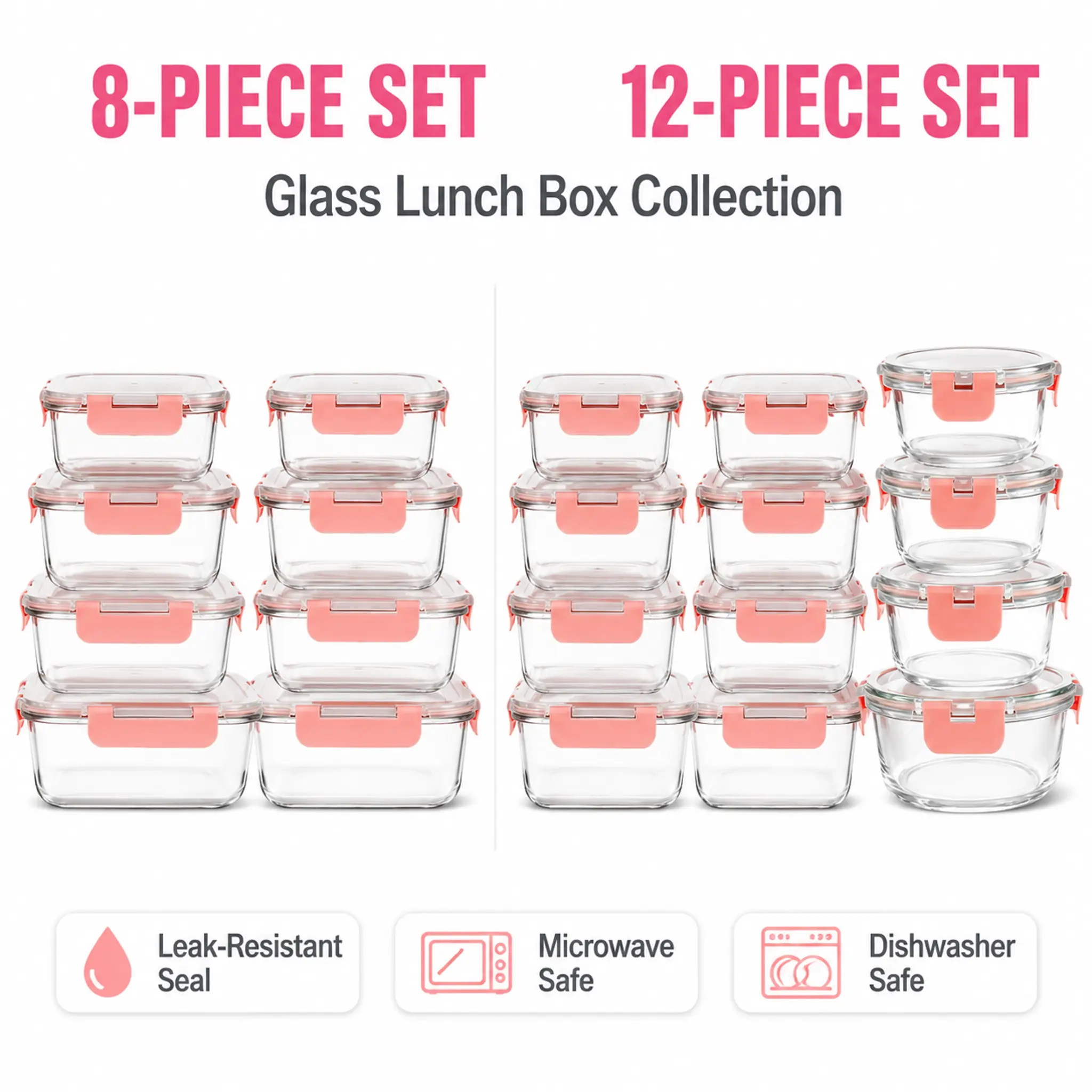 8-Piece/12-Piece Pink Glass Lunch Box Set with Locking Lids – Leak-Proof & Airtight; Suitable for Salads, Fruit, Vegetables, and Sandwiches; Ideal for Picnics, Work Lunches, and School Meals; Microwave and Dishwasher Safe.