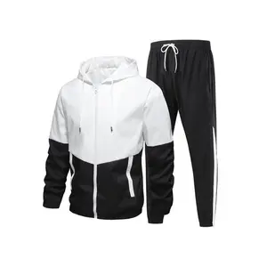 A sports and street photography two-use color-blocked hoodie jacket set, side white stripe slimming pants, trendy, versatile, comfortable, and breathable.