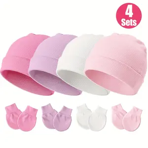 (New)4pcs set of baby hats and anti-scratch gloves, perfect for daily wear. A comfortable and soft fabric gift suitable for newborns aged 0-6 months