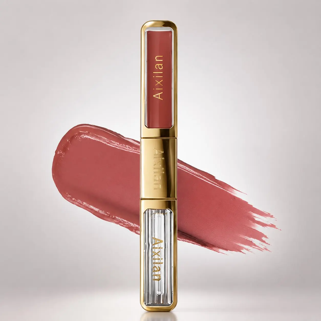 Aixilan 2-in-1 Dual Finish Lip Tint - Velvet Matte & Mirror Shine 2-Tone, Built-In Mirror, Portable Long-Lasting Single-Tube Makeup