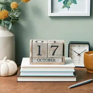 Wooden Perpetual Block Calendar for Desk - Wood Month Date Display Blocks for Teachers, Students, Classroom - Rustic Farmhouse Office Decor, Desk Accessories (5 x 4 Inches)