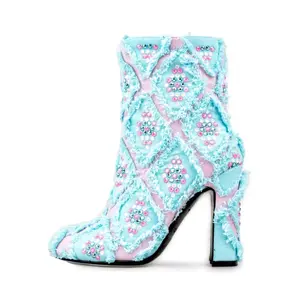 Gram Glam Teal Denim Boot with Multi-Color Crystal Diamonds
