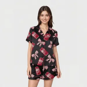 Women’s All-Over Pepper Drink Print Short-Sleeve Pajama Set – Button-Front Top & Elastic-Waist Shorts, Two-Piece Sleepwear, Comfortable Loungewear for All Seasons GARMENTARY