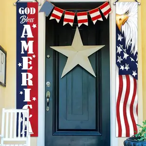 God Bless America Porch Banner Set, Patriotic Bald Eagle American Flag Door Banner, Red White Blue Stars and Stripes Front Door Decor, 4th of July Independence Day Hanging Banner, Memorial Day Patriotic Outdoor Yard Decorations