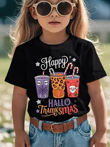 Individualistic round-neck short-sleeved shirts for Boy and girl 🔥   ' Happy Hallothanksmas Graphic T-Shirt - Boys & Girls Halloween & Christmas Party Outfit, Short Sleeve Round Neck Casual Tee with Bats, Witches, Gingerbread & Candy Canes Print - All-Sea