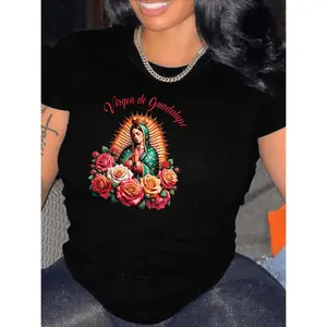 Authentic womens virgin of guadalupe religious t shirt mexican folk art design featuring our lady of guadalupe spanish inscription round neck short sleeve casual and formal wear available in assorted sizes and vibrant colors