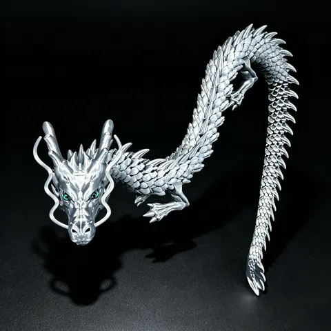 35.4-inch 3D-Printed Silver Plastic Chinese Dragon Figurine - Movable-Joint Glam Home Decor, Flexible Desk Ornament for Home Office, Unique Car Gift