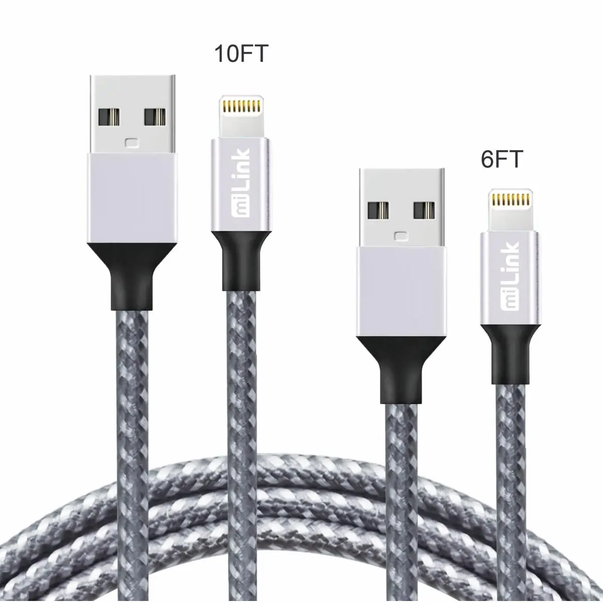212 MAIN Mobile Smartphone Cellphone Charger & Syncing Cable with Lightning Connector, 6-10 ft, White & Grey, Alloy Aluminium Construction, iPhone Compatible, 2.4A Max - Pack of 2