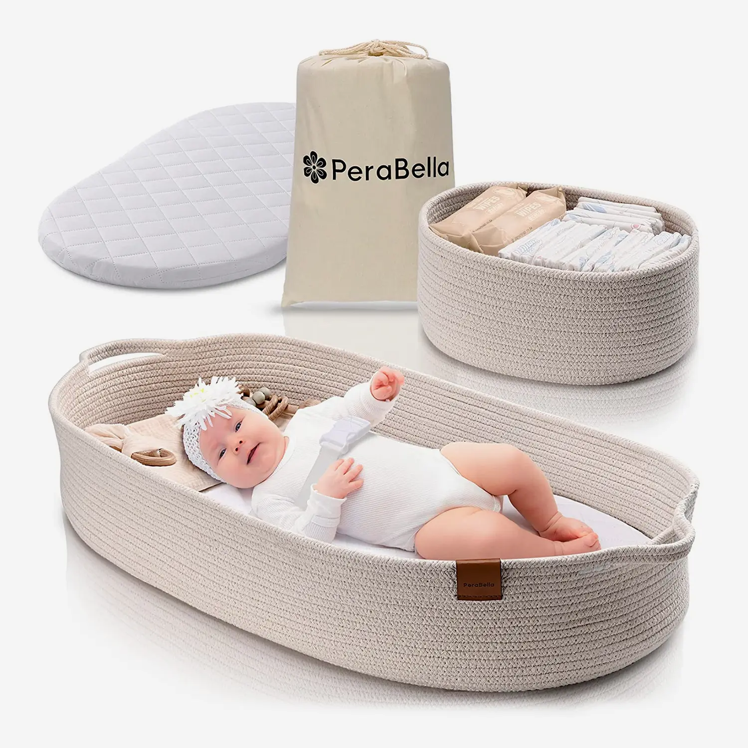 PeraBella Baby Changing Basket for Baby Dresser, Cotton Rope Diaper Changing Basket, Unisex Baby Moses Basket, Changing Table Topper for Dresser- Silky White