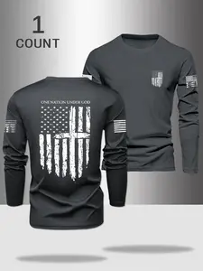 Men's Thin Fitted Long Sleeve T-Shirt, Flag Pattern Print Design, Casual Knit Top, Soft Fabric, Perfect Gift for All Seasons, Casual Letters Print