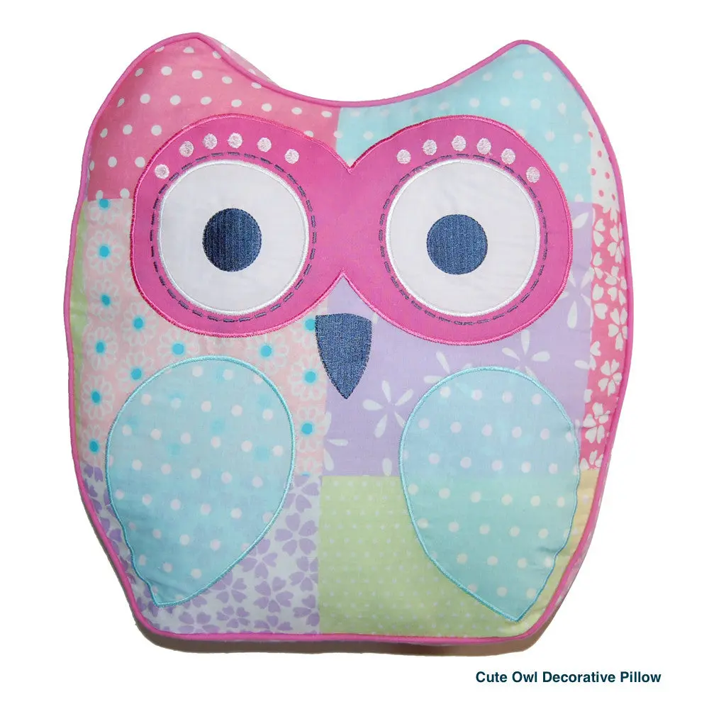 Cute Owl Shape Embroidered Charm Throw Pillow, Pink Patchwork Decorative Cushion for Home Textile Soft Furnishings Bedding Accents