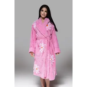Famous Falling Daisies Chenille Bathrobe in Lipstick Pink 2025 Women's Long Sleeve Floral Robe for All Seasons Elegance and Luxury Loungewear