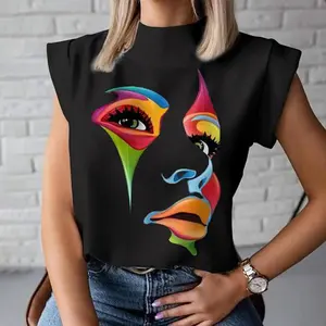 Women's summer comfortable casual cap sleeve loose 3D human face print high collar T-shirt top, daily leisure, comfortable and breathable cute shirt Womenswear Tshirt