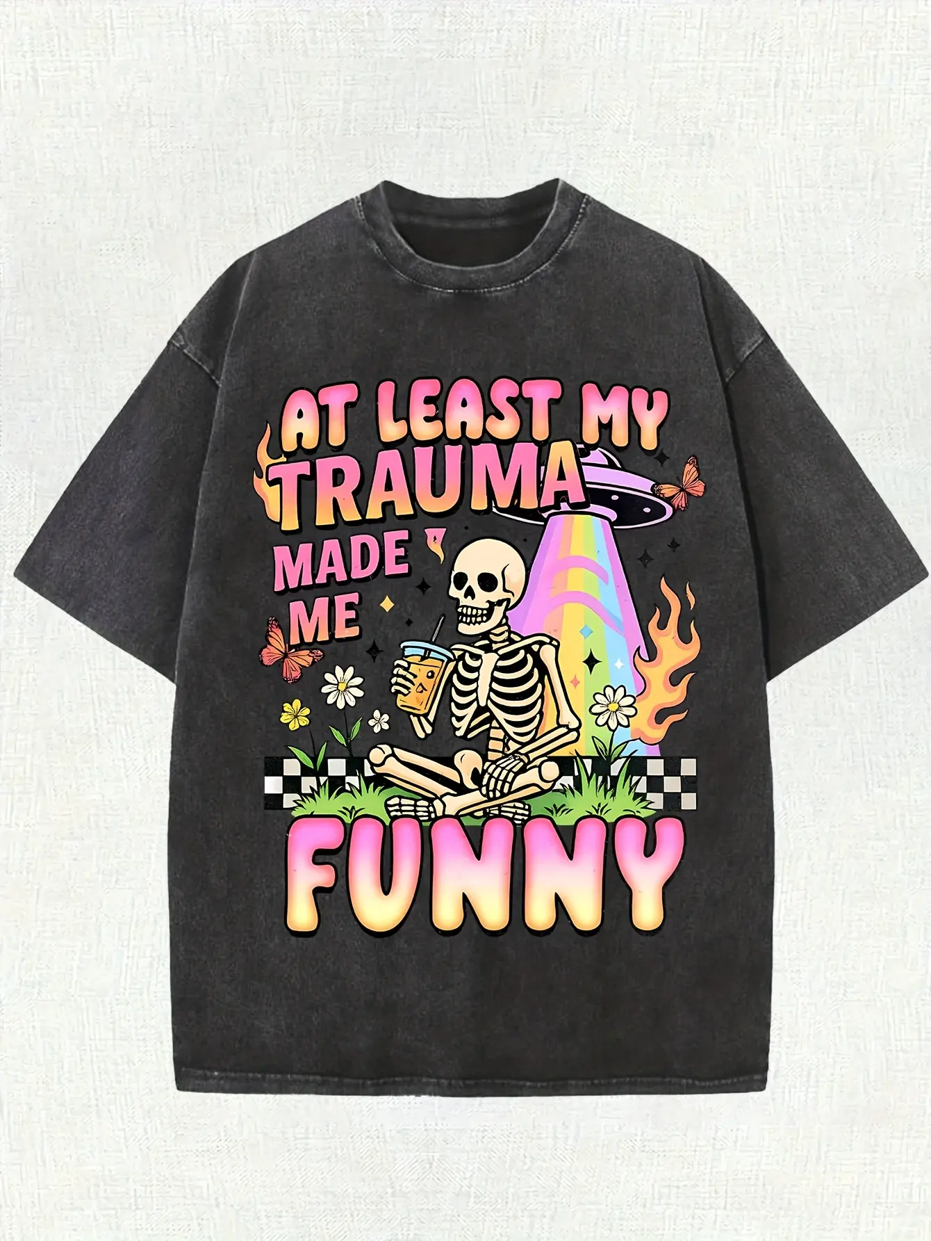 At Least My Trauma Makes Me Interesting. Men'S Blouse Washed Short-Sleeve T-Shirt Blouse 100% 230G Single-Sided Printed Pattern Retro Street Style