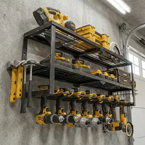 Power Tool Organizer with 7 Drill Holders, Heavy-Duty Metal Wall-Mounted Garage Storage Shelf, Utility Rack for Cordless Tools and Workshop Pegboard Organization