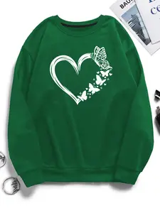 Women's Butterfly & Heart Print Drop Shoulder Sweatshirt, Casual Long Sleeve Round Neck Pullover for Spring & Fall, Ladies Clothes for Daily Wear