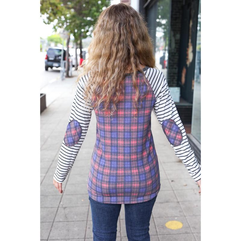 Feeling Playful Plaid/Stripe Outseam Stitch Elbow Patch Pullover