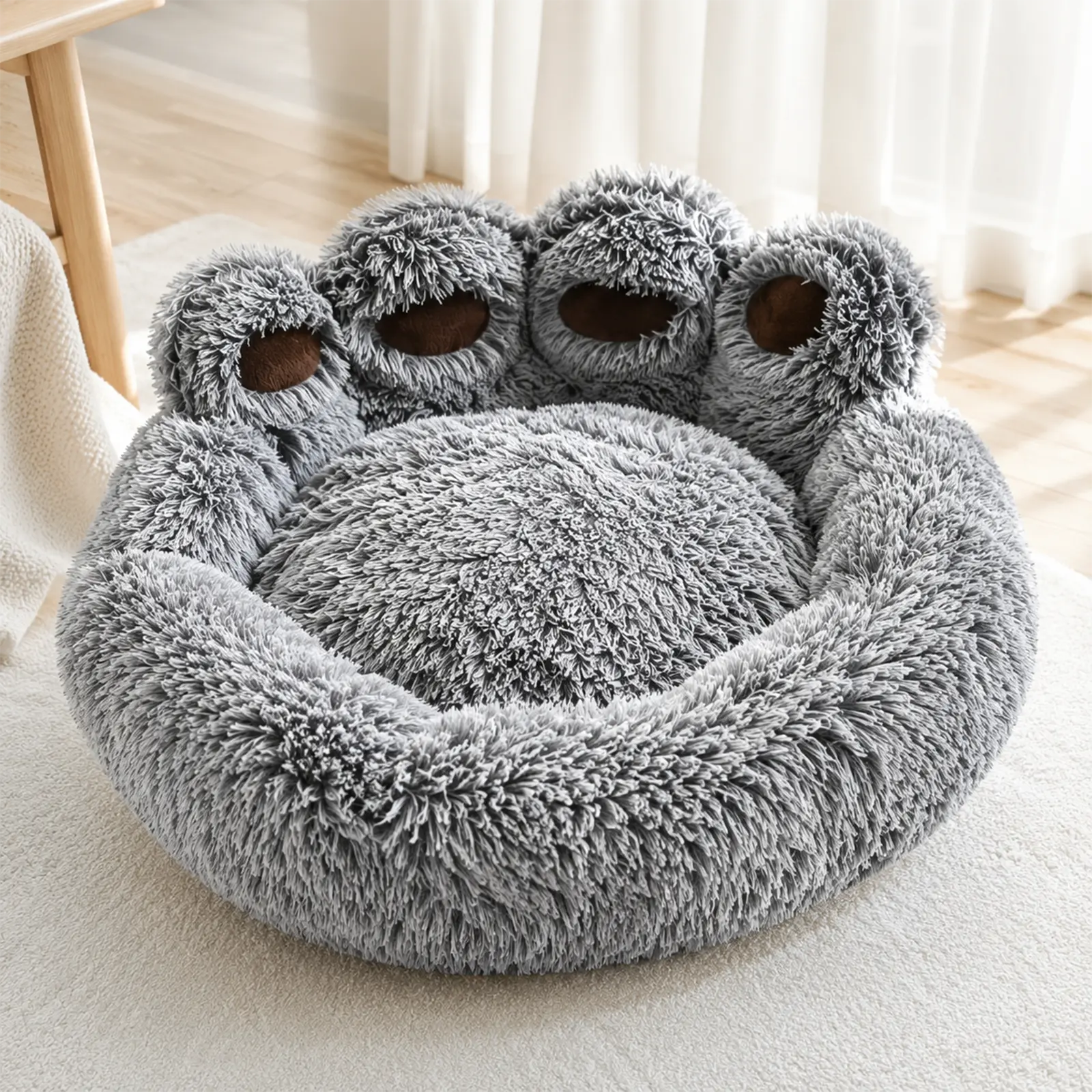 Bear Paw Pet Bed for Cats & Dogs, 27.5" Round Plush Calming Bed with Raised Bolster, Soft Washable Cozy Donut Bed for Small & Medium Pets, Gray