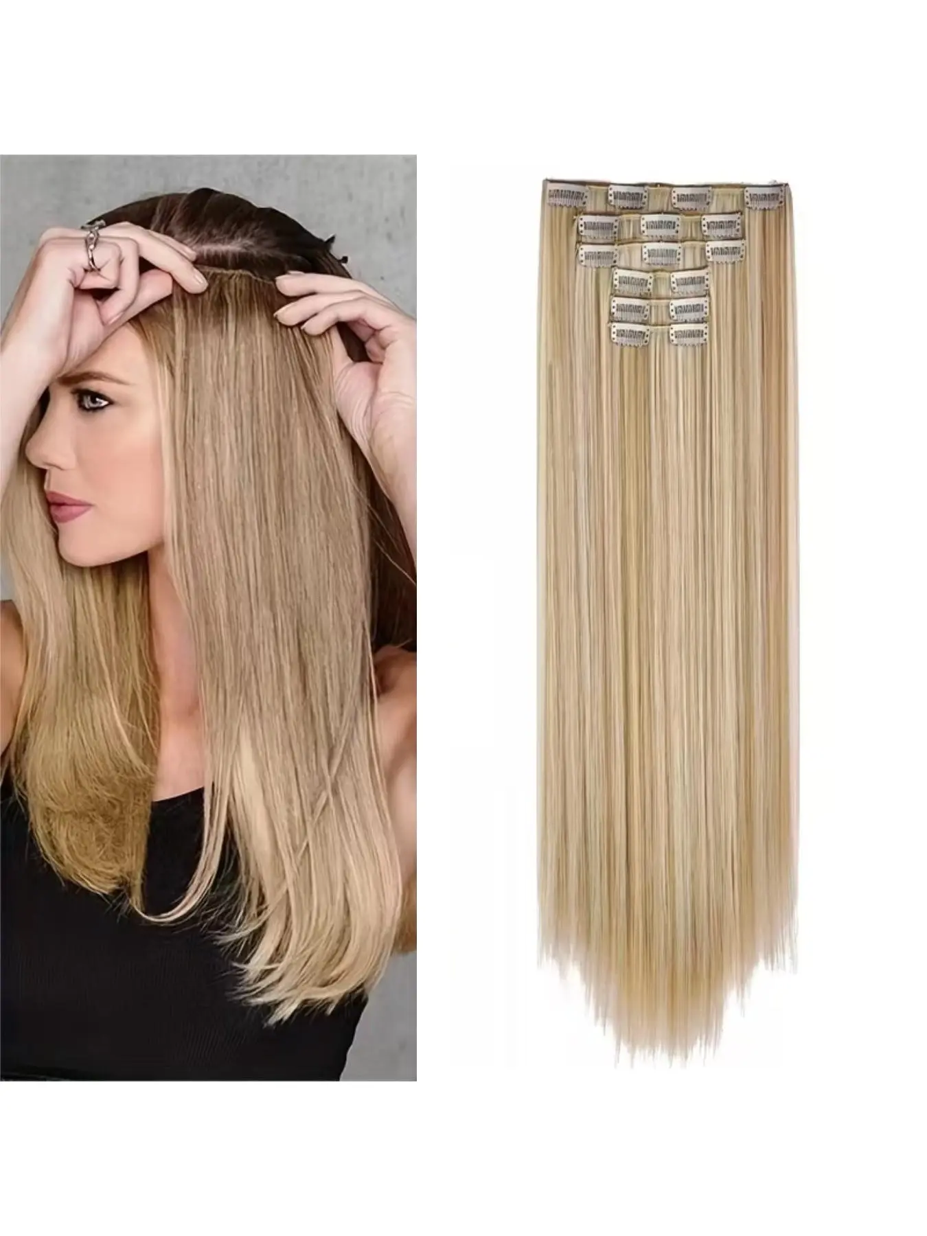 6-Piece Clip-In Hair Extensions, 24-Inch Straight Synthetic Fiber, Lightweight Wig for Women, Synthetic Hairpiece, Straight Synthetic Hairpieces, Halloween, Christmas Accessories