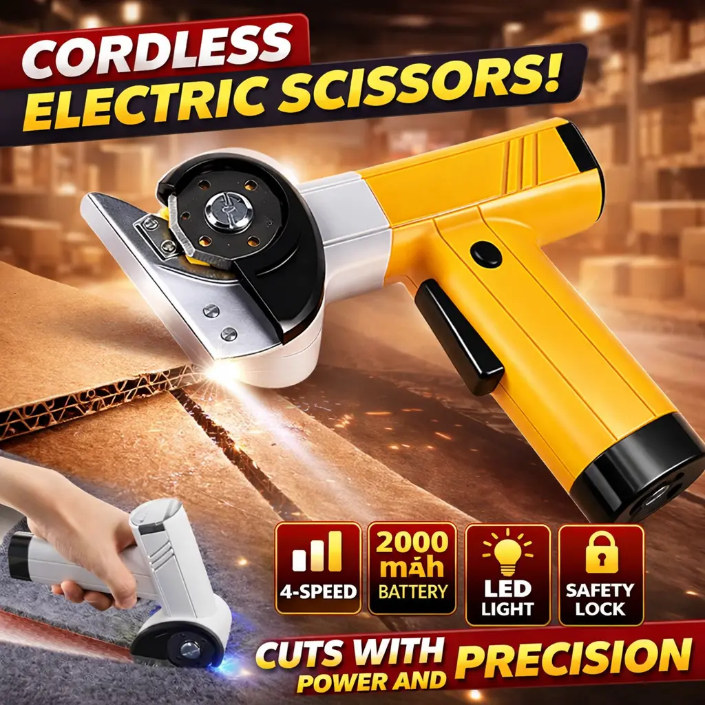 SEEVOLX Cordless Electric Scissors 4V - Rechargeable Heavy Duty Cutting Tool with Auto-Lock, LED Light, Long Battery Life, 2 Extra Blades, ABS Alloy Build | 0.82 Lbs Yellow Wireless Shears with Storage Bag for Friends, Family, Cardboard, Fabric, Plastic,