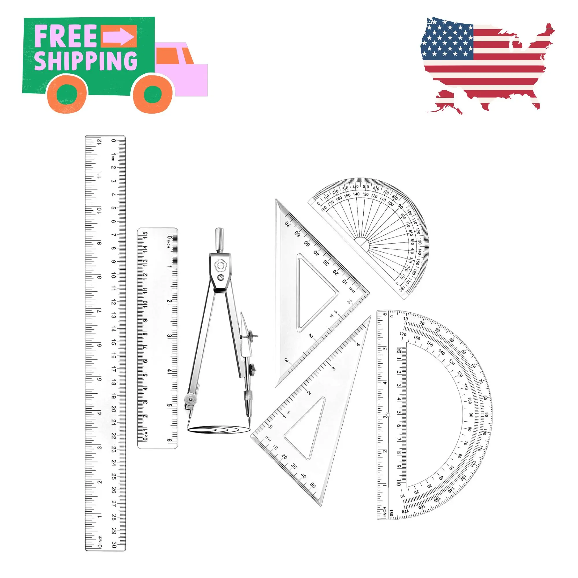 1 Set Plastic Geometry Math Set Includes Drawing Compass, 6 and 4 Inch Protractor Clear