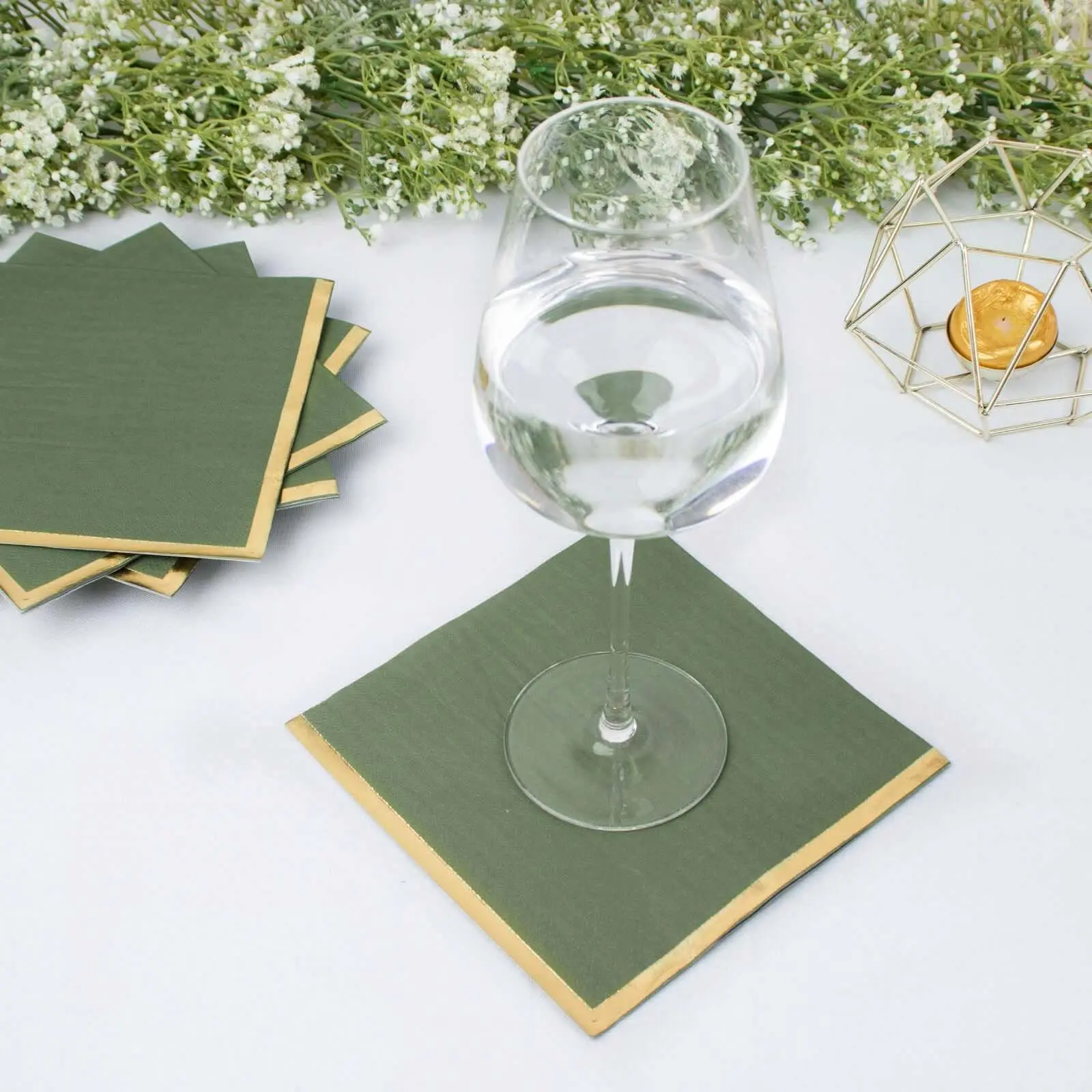 50-Pack Disposable 2-Ply Olive Green Paper Napkins with Gold Foil Edge, 6.5"x6.5" Soft Napkins for Wedding Party Table, Birthday, Bulk Home & Festive Supplies