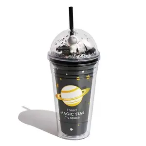 Astronaut Cup with Straw Black Space Ice Coffee Tumblers Earth Party Cups Reusable Plastic Cup Gift(Astronaut black, 480ml)