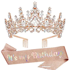 It's My Birthday Sash Birthday Tiara and Crown for Women Girls Rose Gold Glitter Birthday Sash Crystal Princess Tiara Queen Crown Quinceanera Crown Birthday Decoration Birthday Gift