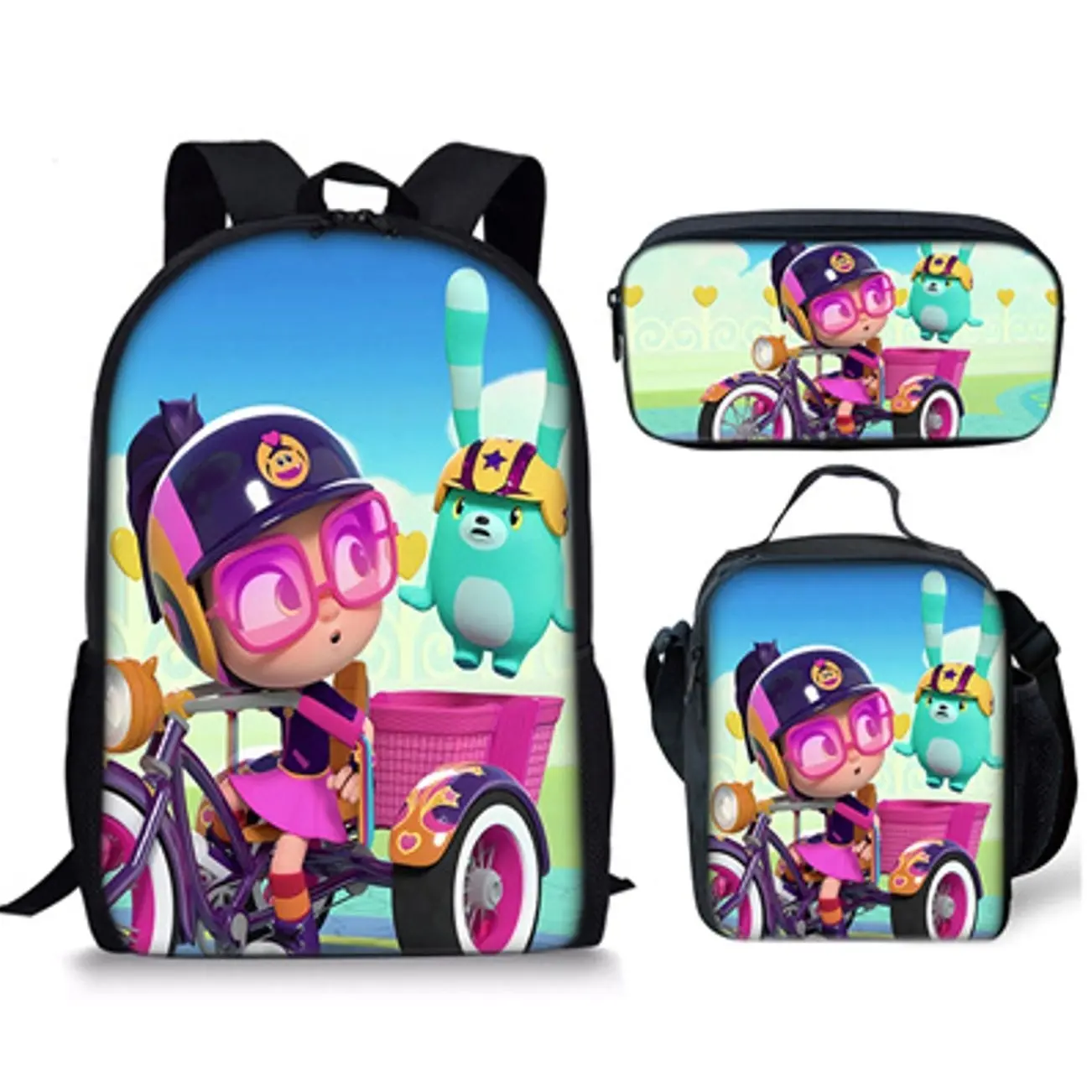 Cute Kawaii Fuzzy Monster Universe School Bag 3-in-1 Combo - Student Backpack Insulated Lunch Box Pencil Pouch - Student Gift