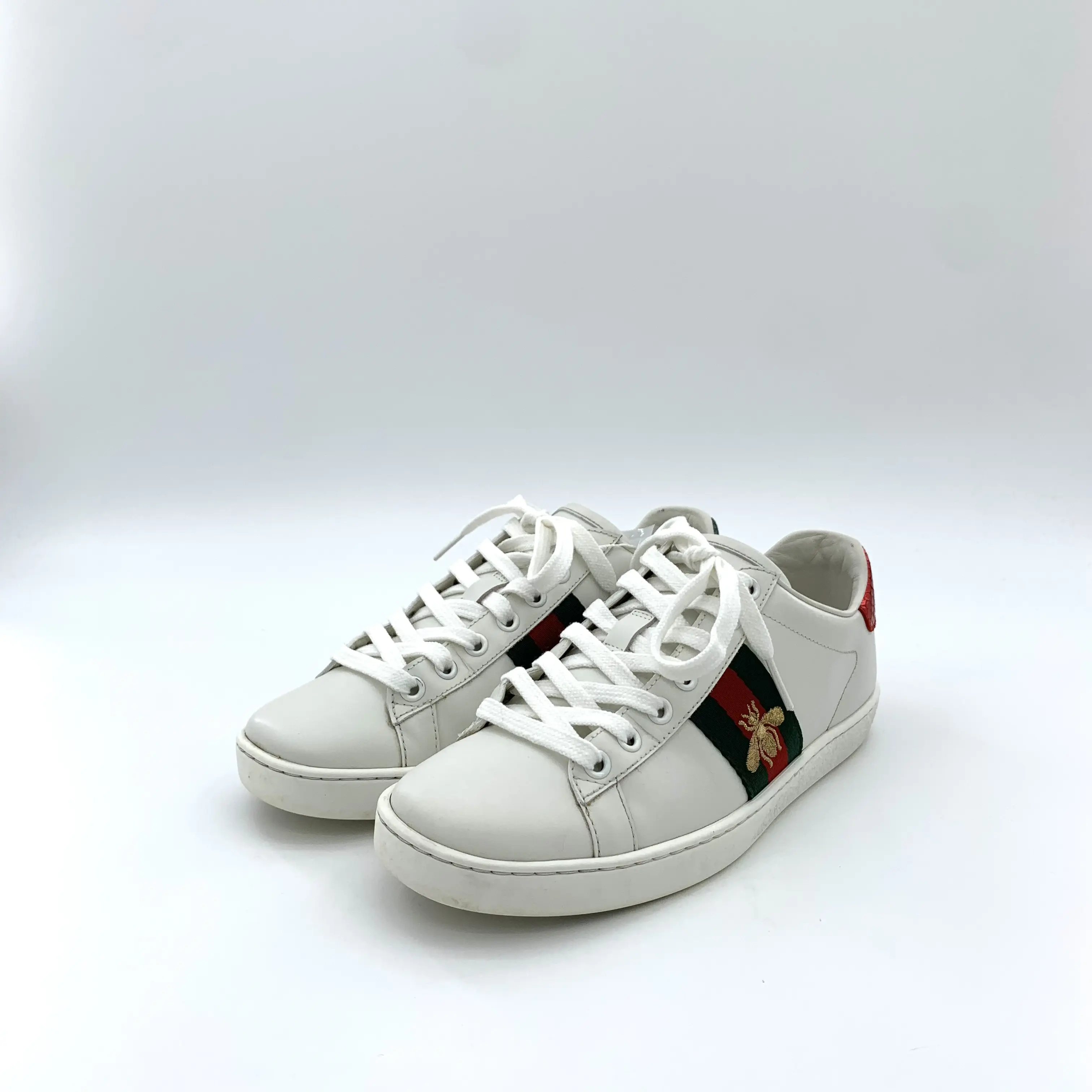 RDLTS— Gucci Ace Bee Stripe White Lace-Up Sneakers Size US 6.5