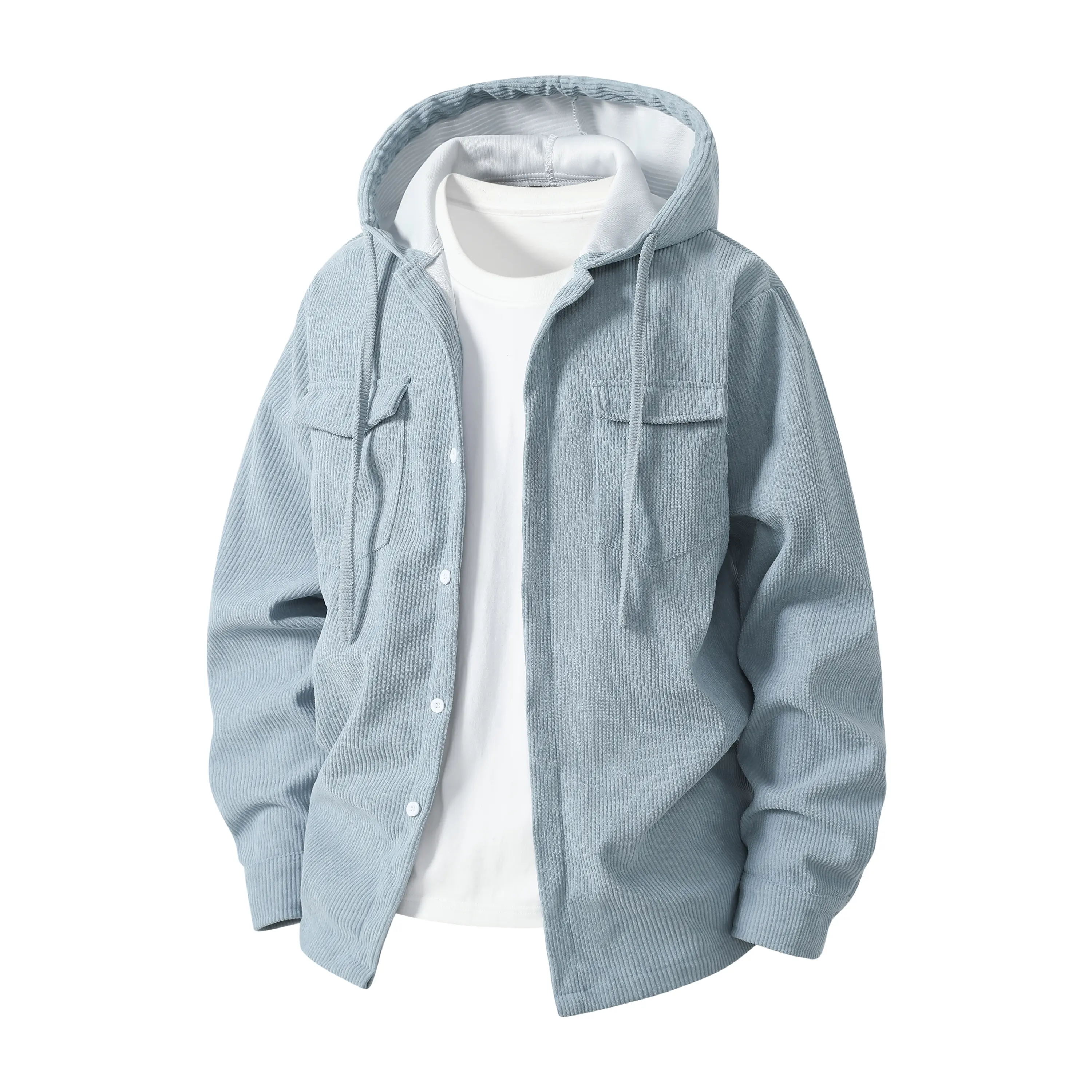 Men’s corduroy hooded shirt jacket shacket, casual button-down design with chest pockets, loose fit, lightweight oversized long sleeves—hoodie coat for everyday streetwear