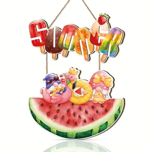 Wooden Summer Door Sign Set, Watermelon Welcome Decor, Ice Cream Wall Hanging, Outdoor Home Office Garden Pool Party Decoration, Party Decoration Supplies
