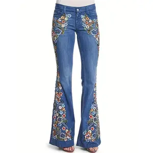 [Floral Embroidered Bell Bottom Jeans] Deep Blue Floral Embroidered Bell Bottom Jeans - Chic Women's Casual Micro Flared Denim - S to 4XL, Machine Washable, Button Closure