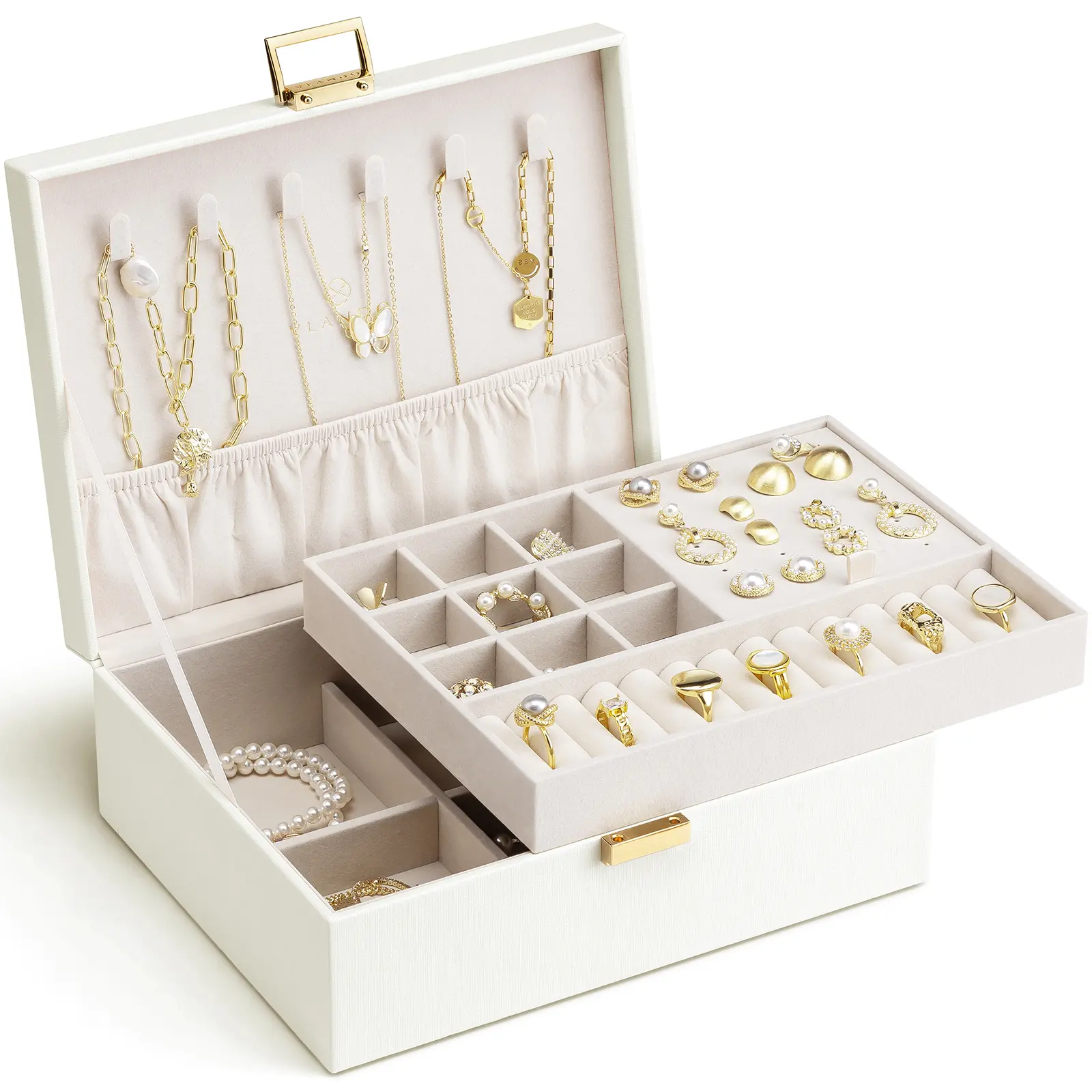 VLANDO Classic Eco-Friendly Women's Large 2-Layer Rectangle Jewelry Box with Removable Tray Organizer - for Pendants, Necklaces, Earrings, Rings, Bracelets, Storage Solution, Birthday/Christmas Gift