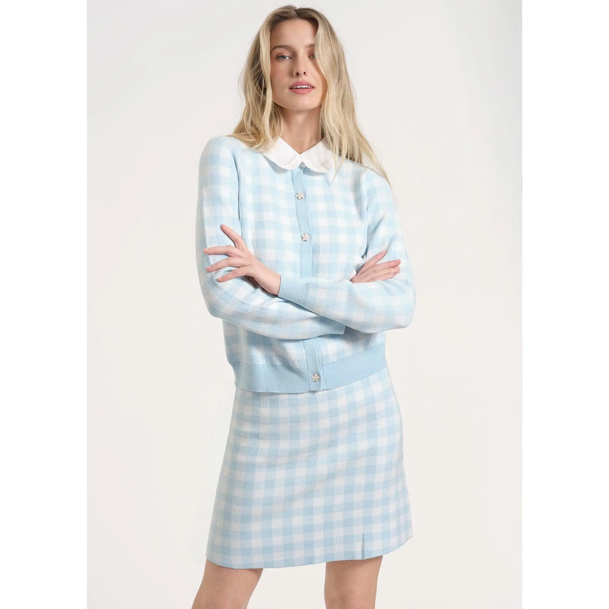 Gingham Patterned Button-Up Cardigan