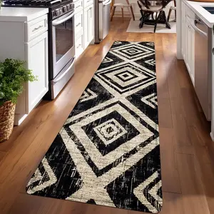 1PC， Black and White Diamond Geometry Patterned strip rugs, home décor, bathroom mats, entryway mats, bathroom non-slip mats, indoor entrance rugs, bedroom bedside mats, kitchen mats, hallway rugs, flannel sponge rugs, hallway runner rugs