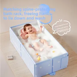 Foldable Baby Bath Tub with Drain Plug, Portable Infant Bathtub for Travel, Easy Clean, No Assembly, Suitable for 12 Months to 5 Years, Blue