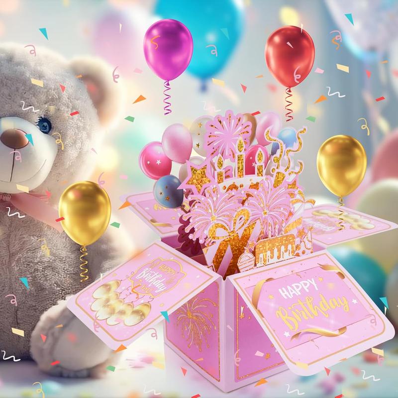 3D Birthday Card for Adults and Kids with Envelopes, Unique Design Handmade Foldable Greeting Cards for Daughter, Son, Mom, Dad, Friend（Pink）