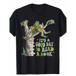 Men's "It's A Good Day to Read a Book" Retro Frog & Toad Graphic T-Shirt - 100% Cotton, Casual Crew Neck, Short Sleeve, Machine Washable, All-Season Wear, Black with Whimsical Design