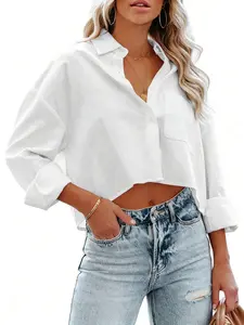 Women's Casual Fashion Long Sleeve Shirt, Spring & Fall Fitted Blouse, Plain Pattern, European and American Style, Comfortable Wear, Button Up Top