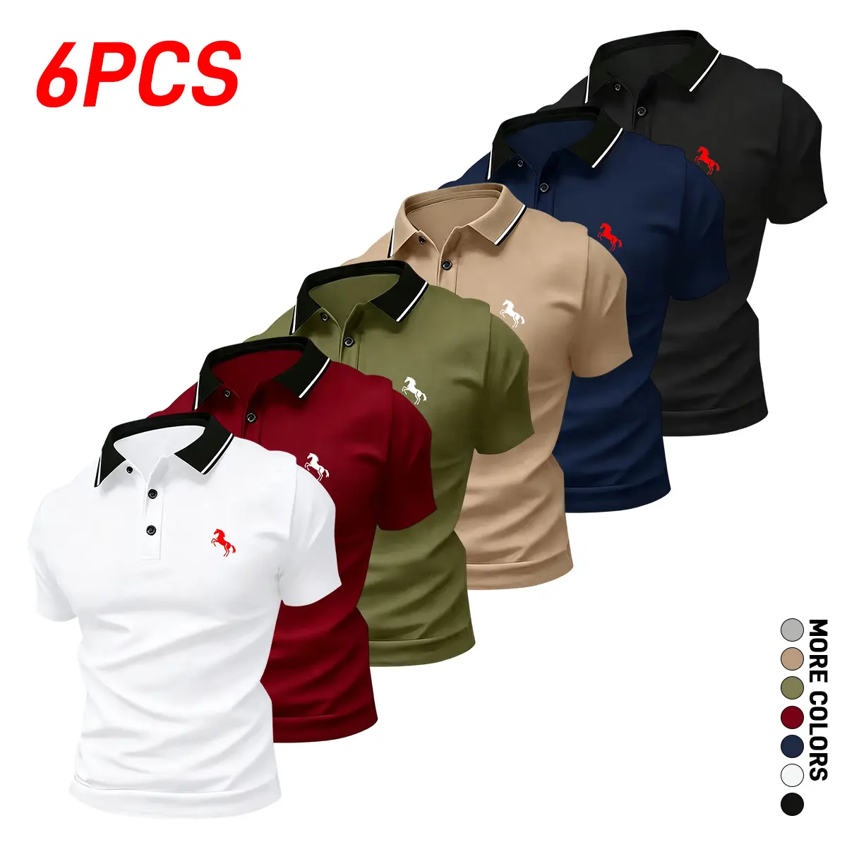 6-pack men’s polo shirts with a noble steed print; outdoor golf and equestrian casual short-sleeve POLO shirts with a POLO collar; mature men’s business-casual POLOs; breathable and comfortable, suitable for spring and summer; can be worn under other laye