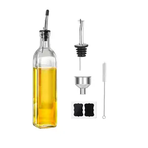 Oil Dispenser Bottle, 1 Pcs Glass Oil and Vinegar Dispenser Set with 2 Stainless Steel Pourers, 2 Labels,1 Brush and 1 Funnel Oil Bottles for Kitchen (17oz/500ml)