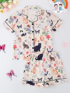 Fire-Retardant Pyjama Set, Short Sleeve Button-Front Cardigan & Shorts, Casual Animal Cat Print, Unisex All Seasons Wear