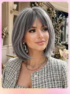 12 Inch Highlighted Short Straight Synthetic Material Wigs with Bangs, High-temperature Resistant Synthetic Hair Wig, Natural and Fluffy Heat Resistant Wigs for Daily Use, Straight Bob Wigs, Daily Wear Wig, Synthetic Fiber Wig