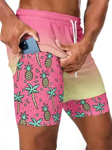 Men's Pineapple Print Beach Shorts, Dual-Layer Quick-Dry Swim Trunks, Summer Casual Gym Shorts, Drawstring Waist, All over Print