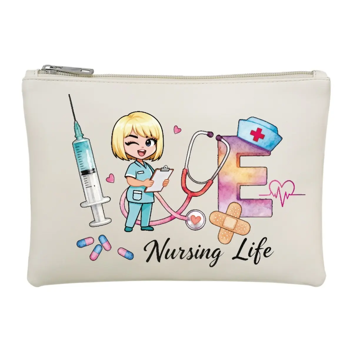 Cute Nurse Medicine Bag, Pill Organizer Case for Nursing Students Medical Workers, Waterproof PU Travel Kit Pouch, Nursing Life Print Makeup Bag Cosmetic Toiletry Bag Gift
