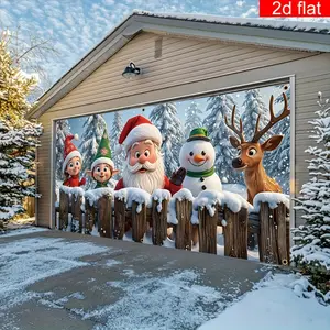 2D Door Banner 2D Flat, 1pc Large Christmas Garage Door Banner - Durable Polyester, Vibrant Santa, Elf, Snowman & Reindeer Design, 157x71 Inches, Perfect for Holiday Home & Party Decor, Festive Winter Scene with Snowy Landscape, Christmas D